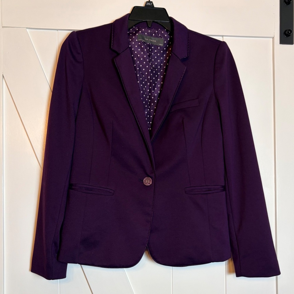 The Limited Purple Single Button Blazer Polka Dot Lining Womens Medium